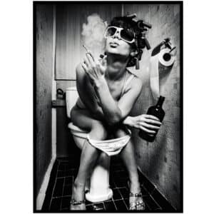 Vrouw op toilet poster - Sigaret - Drank - Zwart-Wit - Wc Posters